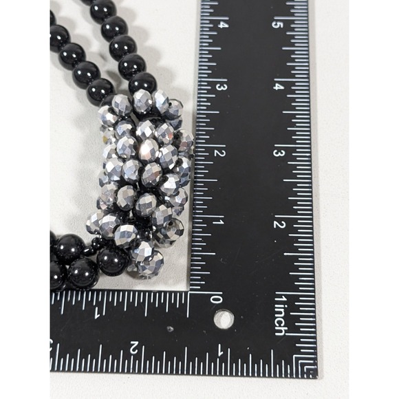 Black Gray Faceted Bead Statement Necklace Double Strand Silver Tone 20" - Picture 5 of 5